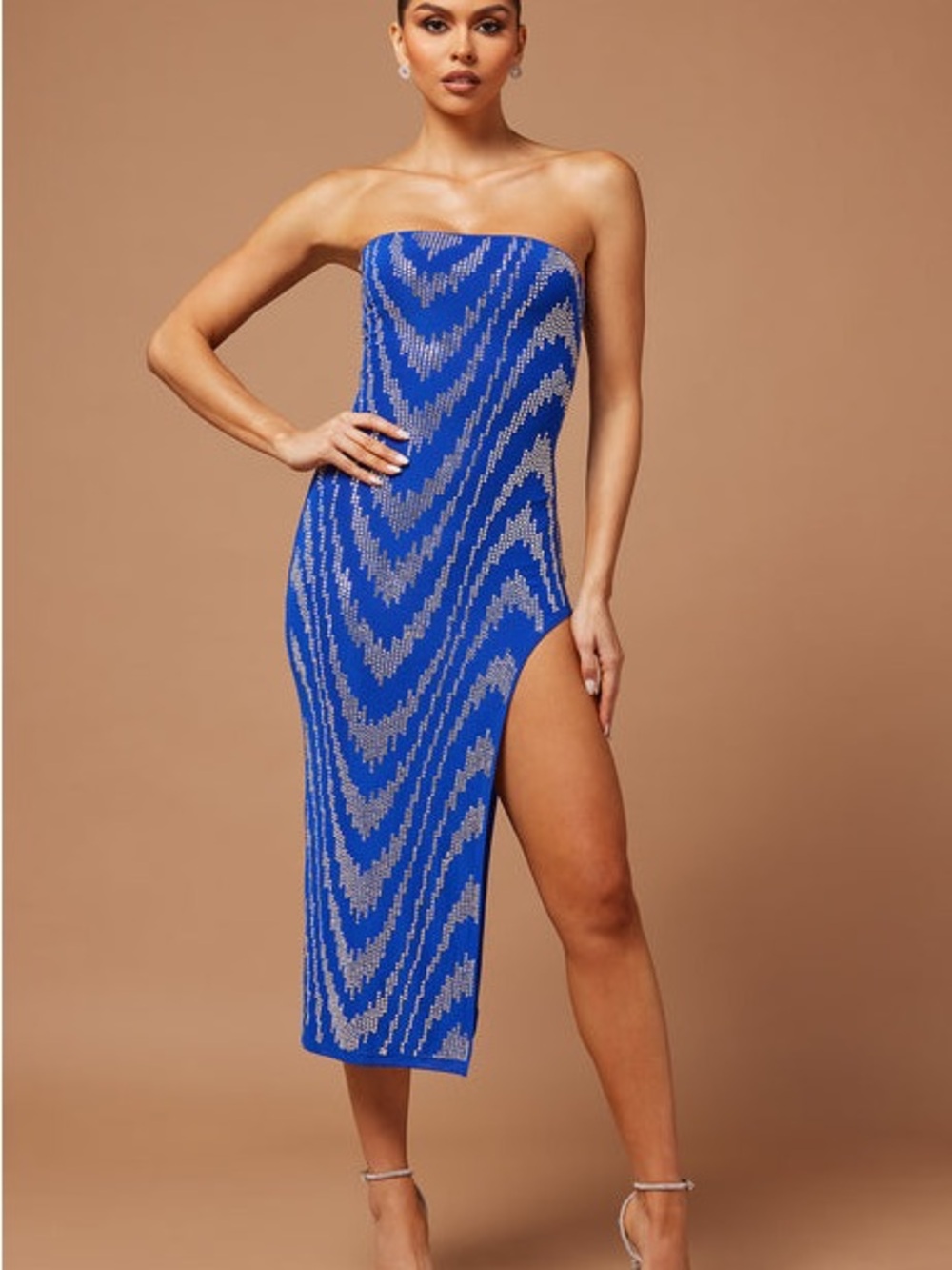 Fashion Nova Royal Blue Strapless Beaded High-Slit Midi Dress